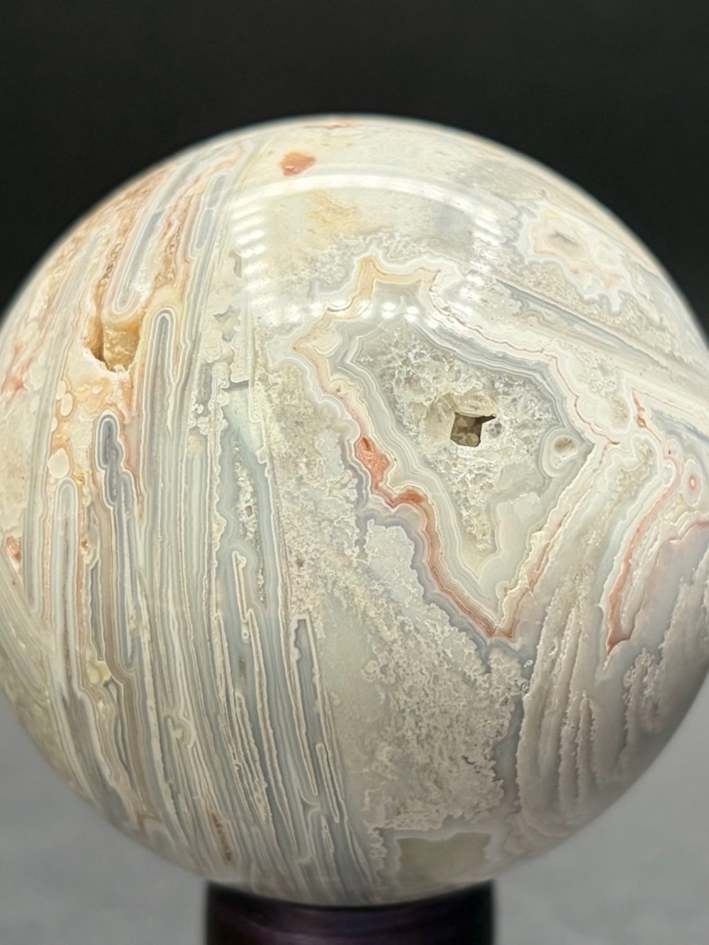 Polished White Mexican Agate Sphere with Crystalline Geode - Picture 3 of 4